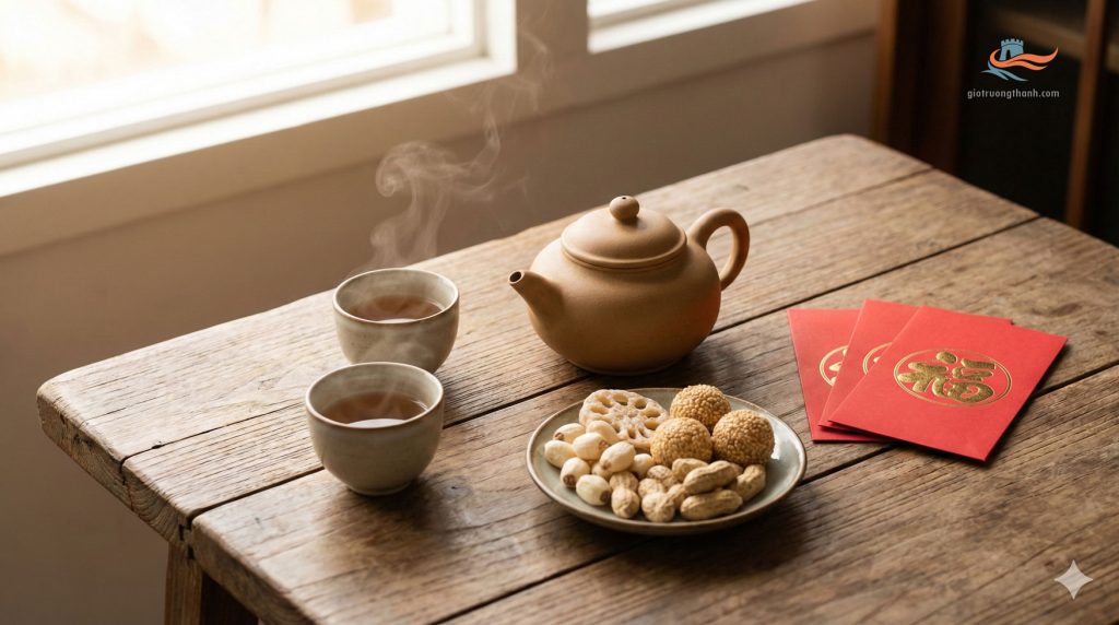 Bàn trà ngày Tết với ấm tử sa, mứt tết và những phong bao lì xì đỏ được sắp xếp gọn gàng theo phong cách tối giản.