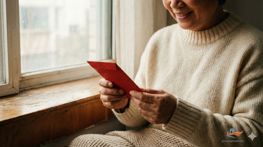 Hình ảnh người trẻ nâng niu chiếc phong bao lì xì trên tay bằng hai tay, thể hiện sự trân trọng và lòng biết ơn sâu sắc.