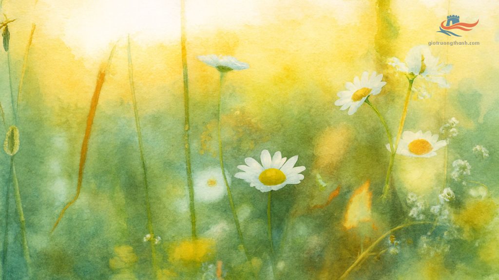 Tranh màu nước cánh đồng hoa cúc trắng trong ánh nắng vàng ấm áp, hình ảnh ẩn dụ cho niềm hy vọng và động lực sống.