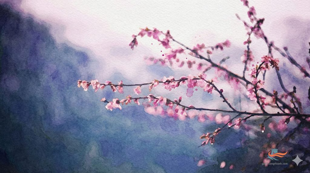 Tranh màu nước cành hoa đào phai trên nền núi mờ sương tĩnh lặng, thể hiện cảm giác buông bỏ và nhẹ lòng (Shihuai).