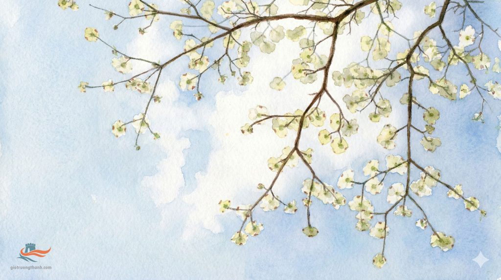 Tranh màu nước hoa trắng vươn mình trên nền trời xanh trong, biểu tượng cho sự thư thái (Songchi gan) và những mong ước mới (Chongjing).