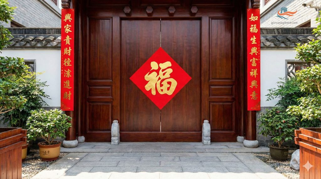 Cách dán chữ Phúc đúng phong thủy ở cửa chính.