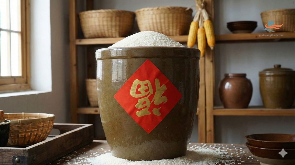 Hũ gạo đầy dán chữ Phúc ngược (福倒了) - Biểu tượng cầu mong của cải luôn đổ đầy trong văn hóa Trung Hoa.