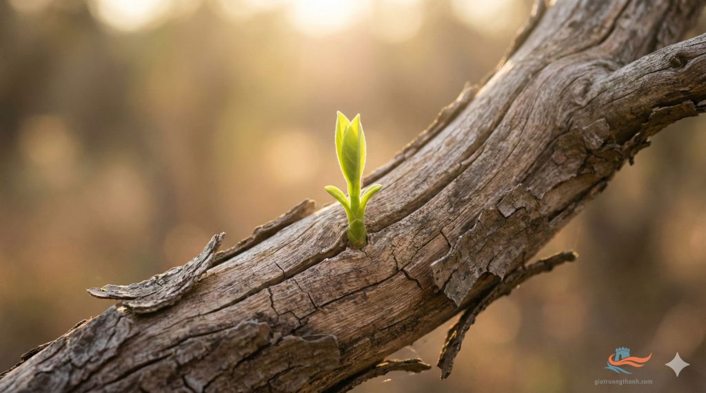Cận cảnh mầm non xanh mọc lên từ thân cây gỗ khô cằn, hình ảnh minh họa cho thành ngữ Khô mộc phùng xuân và ý nghĩa của sự hồi sinh, hy vọng.