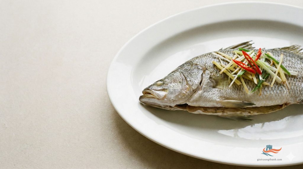 Món cá hấp nguyên con kiểu Trung Hoa trên đĩa trắng, món ăn ngày Tết mang ý nghĩa dư dả tài lộc (Niên niên hữu dư - 年年有余).
