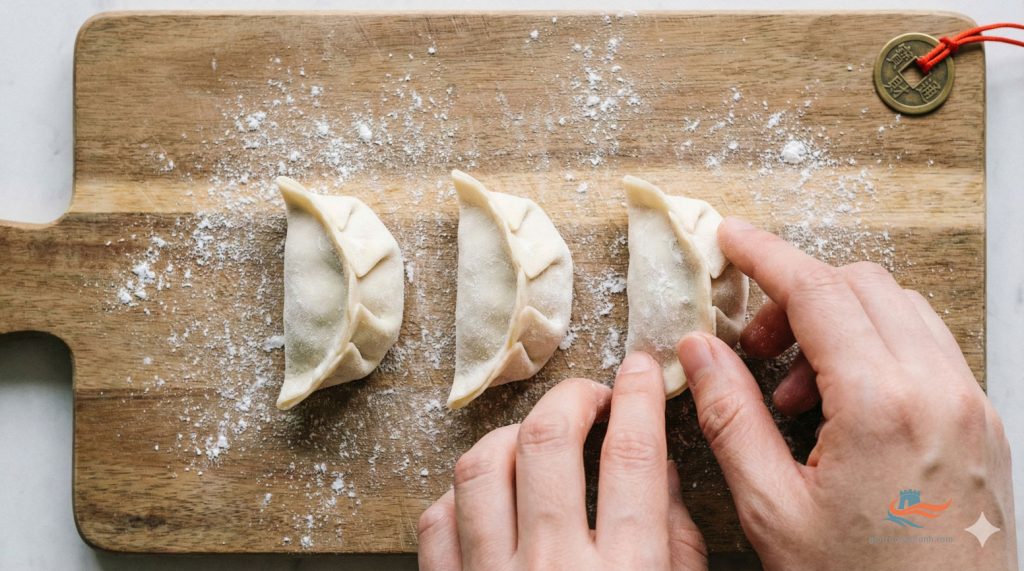 Những chiếc sủi cảo (Jiaozi) sống được gói hình thỏi vàng trên thớt gỗ, món ăn truyền thống dịp Tết Trung Quốc biểu tượng cho may mắn và tiền tài.