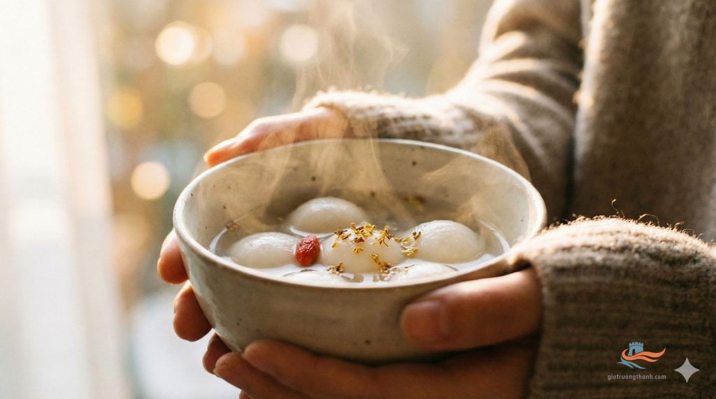 Bát chè trôi nước (Tangyuan) nóng hổi trên tay người cầm, món tráng miệng ngày Tết Trung Quốc tượng trưng cho sự đoàn viên và sum họp gia đình.