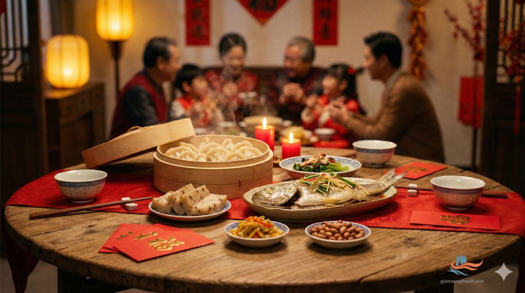 Mâm cơm tất niên (Niányèfàn) tối giản với món cá nguyên con (Yú) biểu tượng sự dư dả "nián nián yǒu yú".