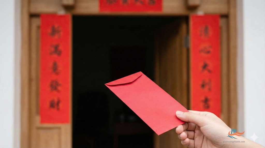 Hình ảnh tối giản về phong bao lì xì đỏ (Hóngbāo) và câu đối xuân (Chūnlián) trang trí cửa ngày Tết.