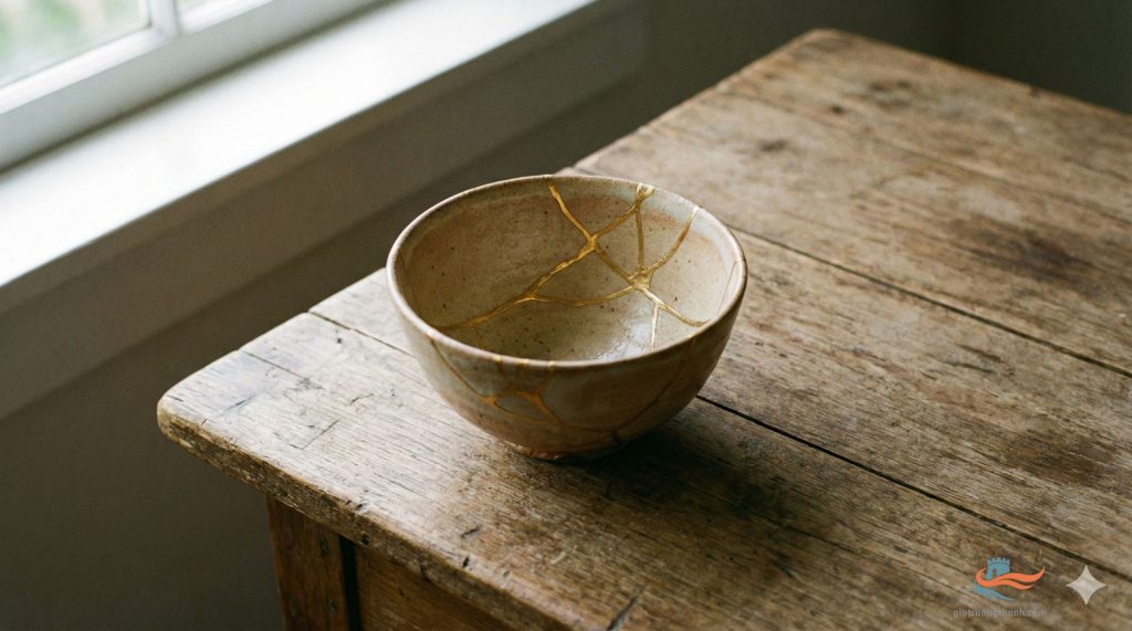 Chiếc bát gốm vỡ được hàn gắn lại bằng vàng theo nghệ thuật Kintsugi, minh họa cho triết lý Tuế tuế bình an (Suìsuì píng’ān) và cách hóa giải điềm xui ngày Tết.