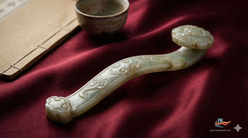 Ảnh chụp tĩnh vật cây gậy Ngọc Như Ý (Jade Ruyi scepter) cổ điển chạm khắc tinh xảo trên nền lụa đỏ, vật phẩm phong thủy biểu tượng cho quyền lực và sự viên mãn.