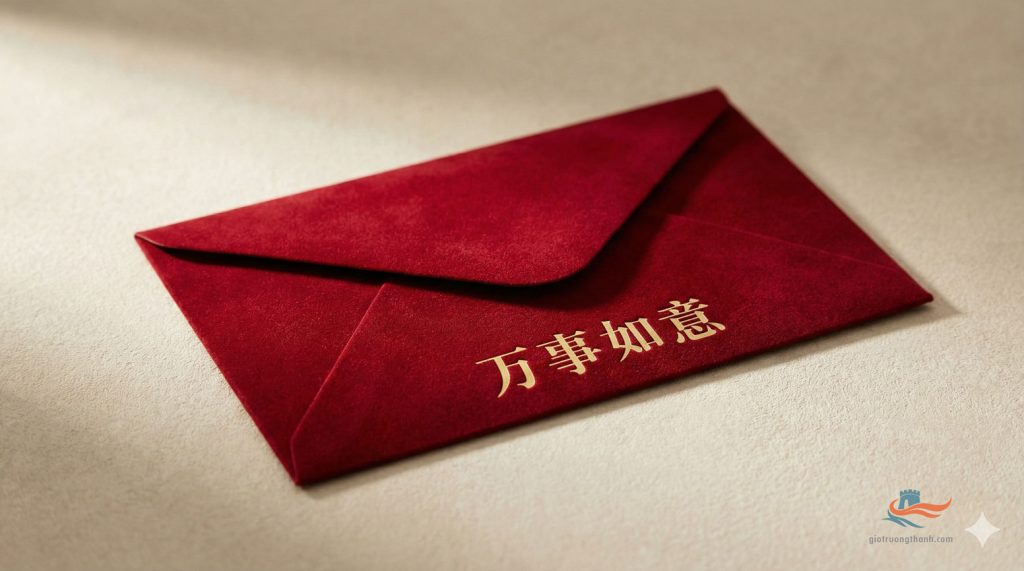 Phong bao lì xì đỏ (Hongbao) in chữ mạ vàng Vạn sự như ý (万事如意), lời chúc Tết phổ biến nhất trong văn hóa Trung Quốc và Việt Nam.