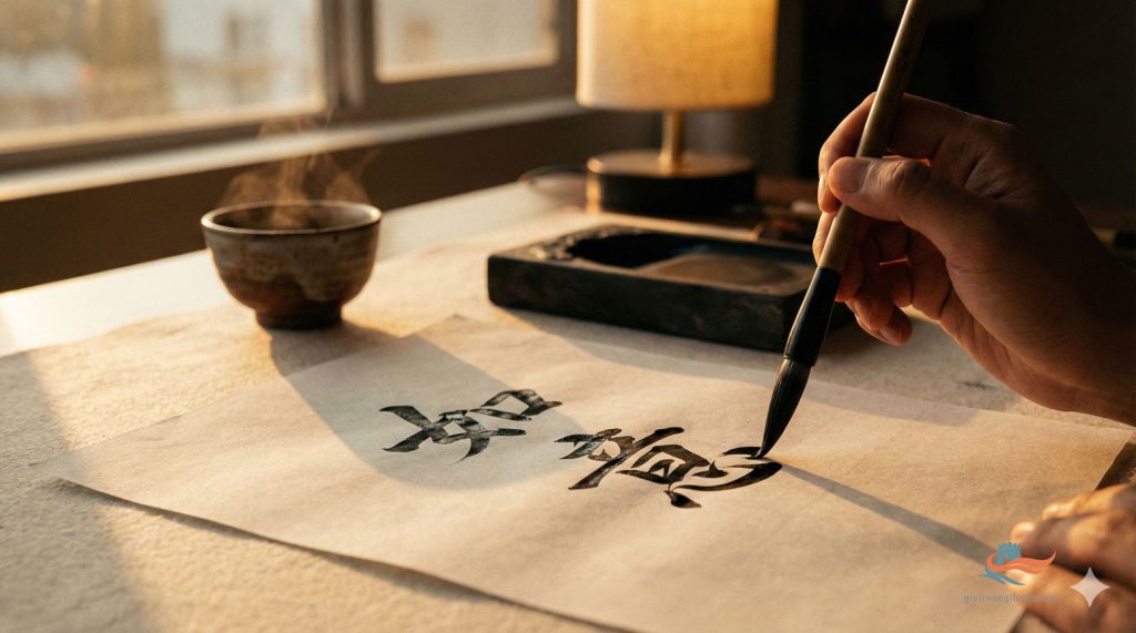 Cận cảnh viết thư pháp hai chữ Như Ý (如意) bằng bút lông bên cạnh chén trà nóng, thể hiện không khí tĩnh tâm và an lạc ngày Xuân.