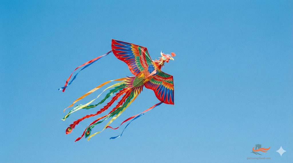Cánh diều lụa ngũ sắc rực rỡ bay cao trên bầu trời xanh, biểu tượng cho thành ngữ Xuân phong đắc ý (Chūnfēng déyì) và sự thăng tiến thuận lợi trong sự nghiệp.