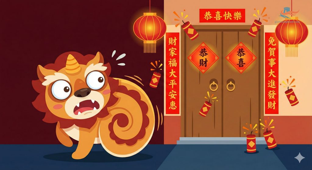 Tranh minh họa truyền thuyết Niên thú (Nian) sợ màu đỏ và tiếng pháo nổ, nguồn gốc của tục lệ dán câu đối đỏ ngày Tết.