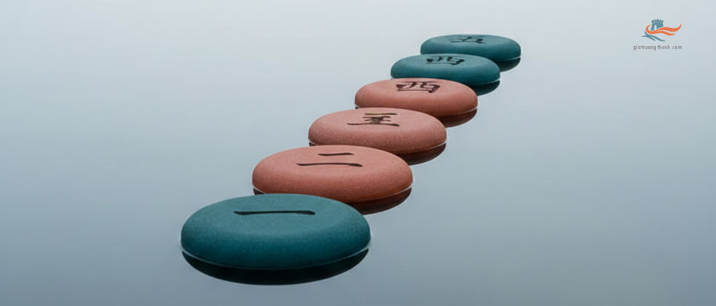 Hình ảnh tối giản dãy đá bước chân trên mặt nước phẳng lặng tượng trưng cho lộ trình HSK nhất quán.