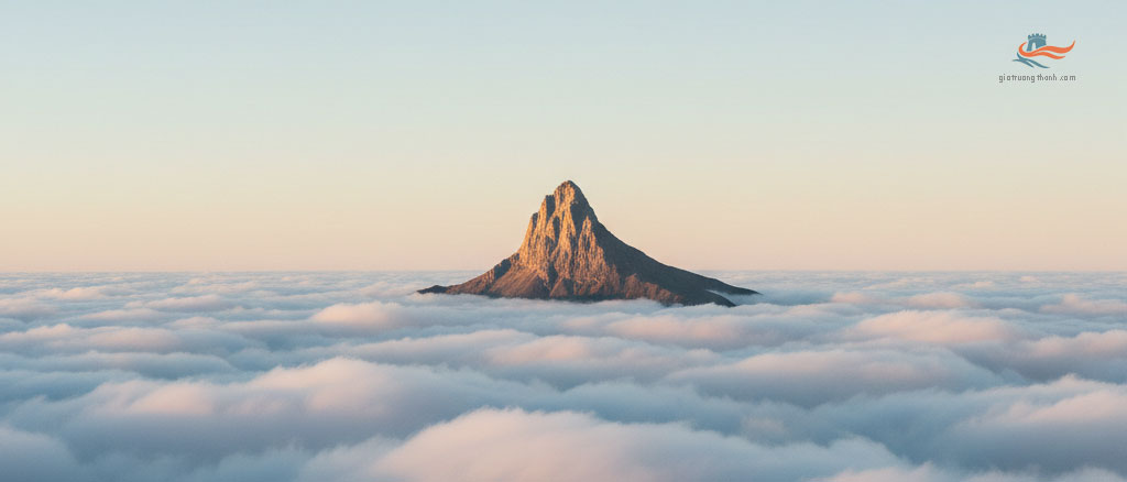 Hình ảnh tối giản đỉnh núi xanh tươi hùng vĩ vươn khỏi biển mây dưới ánh bình minh vàng hồng rực rỡ tượng trưng cho đỉnh cao năng lực HSK.