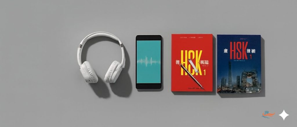 Bộ thiết bị học tập gồm tai nghe, smartphone và vở bài tập New HSK màu đỏ trên nền xám.