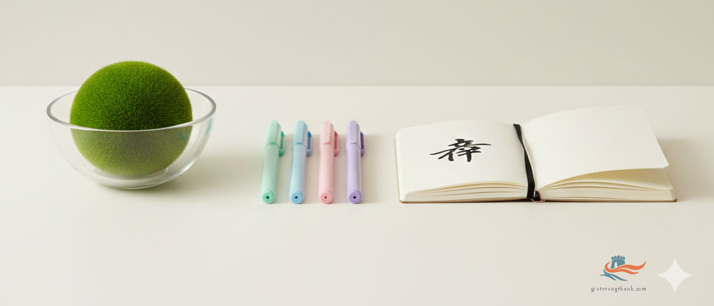 Bộ dụng cụ tự học tiếng Trung New HSK Course tối giản gồm sổ tay ghi chữ Hán và bút màu.