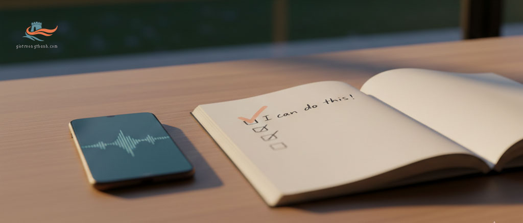 Sổ ghi chép có dấu tích hoàn thành và smartphone hiện sóng âm trên bàn học tối giản lúc hoàng hôn.