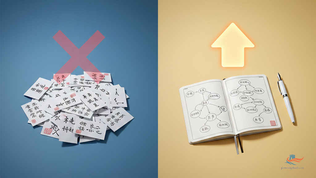 So sánh phương pháp học HSK 2.0 bằng thẻ từ rời rạc và HSK 3.0 bằng sơ đồ tư duy hệ thống.