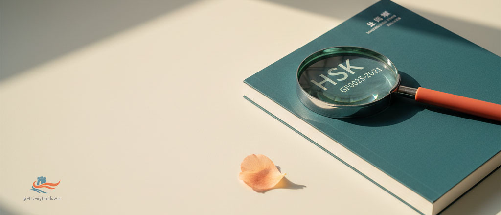 Ảnh bìa kính lúp cán đỏ Terracotta soi vào mã số tiêu chuẩn trên giáo trình HSK 3.0 tối giản.