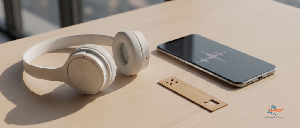 Tai nghe, điện thoại và kẹp sách tre minh họa phương pháp luyện nói Shadowing hiện đại.