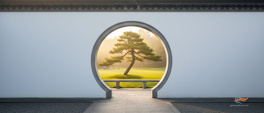 Hình ảnh cửa sổ tròn (moon gate) tối giản nhìn ra khu vườn tươi sáng rực rỡ tượng trưng cho đỉnh cao năng lực ngôn ngữ.