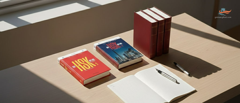 Bàn học tối giản với sách giáo khoa HSK 1, sổ tay kẻ ô và bút máy trong ánh nắng sớm.