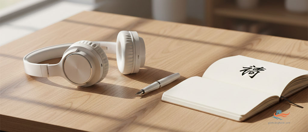 Tai nghe và bút viết trên bàn gỗ minh họa học 4 kỹ năng trong HSK 1.