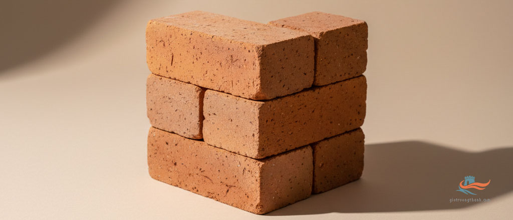 Năm viên gạch màu đỏ cam xếp chồng đan xen tượng trưng cho 300 từ vựng nền móng HSK 1.