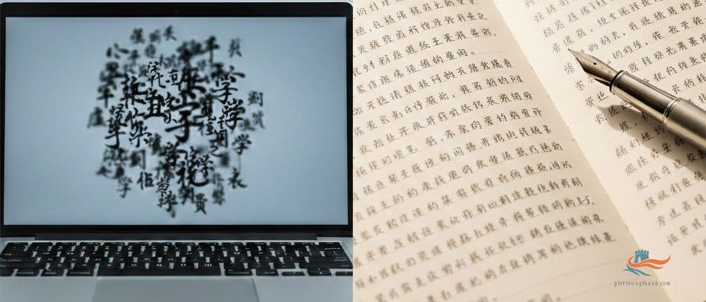 So sánh nhận diện chữ Hán trên màn hình máy tính và thực hành viết tay bằng bút máy trong sổ tay.