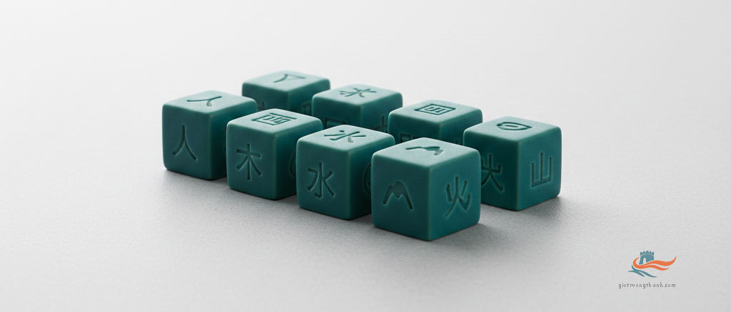 Các khối sứ trắng khắc bộ thủ cơ bản như Nhân, Mộc, Thủy, Hỏa minh họa cấu tạo chữ Hán HSK 3.0.