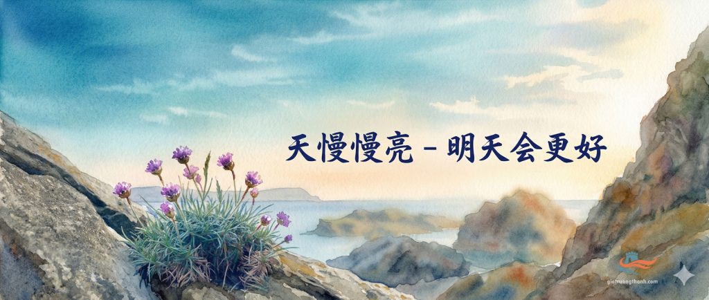 Tranh màu nước phong cảnh biển với câu tiếng Trung "天慢慢亮 - 明天会更好" (Trời dần sáng - Ngày mai sẽ tốt hơn) ở giữa.