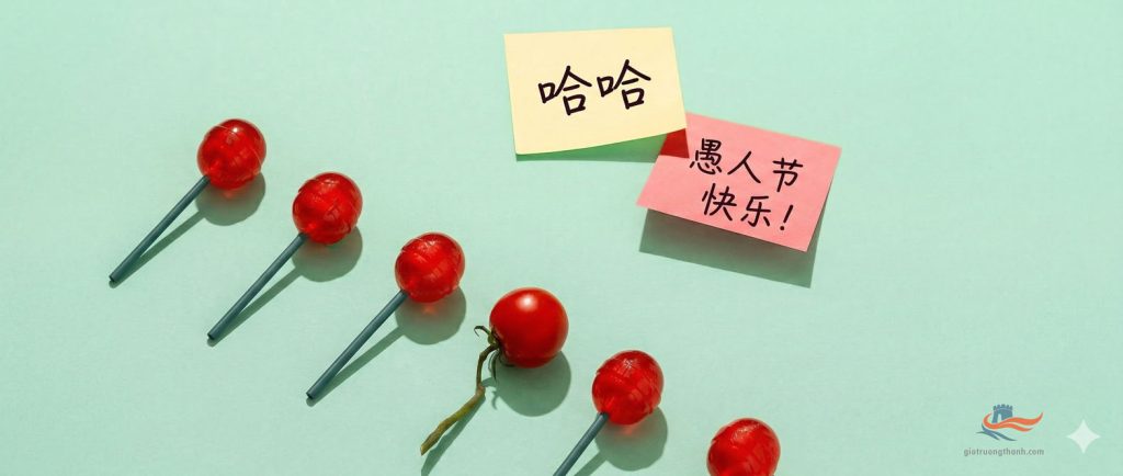 Cú lừa Cá Tháng Tư với hàng kẹo mút xen lẫn một quả cà chua và chữ 哈哈.