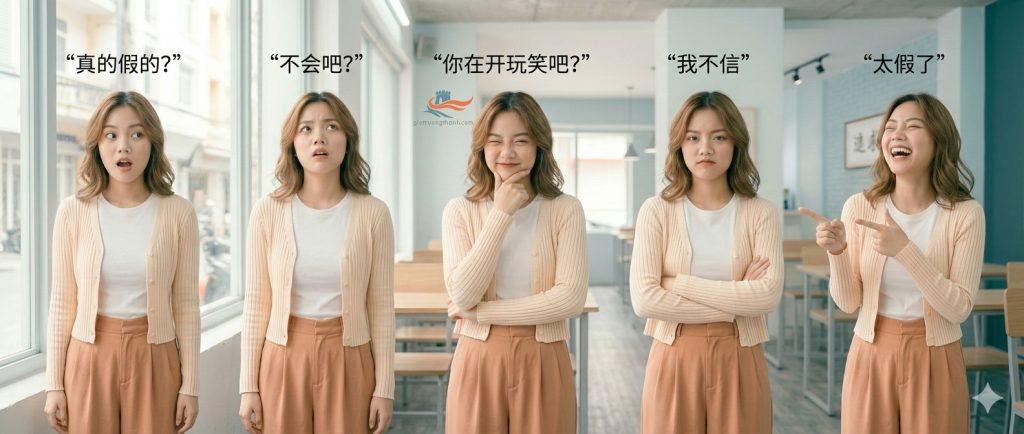 Các cách phản ứng trong tiếng Trung từ 真的假的 đến 太假了 theo mức độ cảm xúc