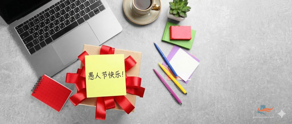 Lời chúc 愚人节快乐 (Chúc mừng Cá Tháng Tư) viết tay trên hộp quà thắt nơ đỏ.