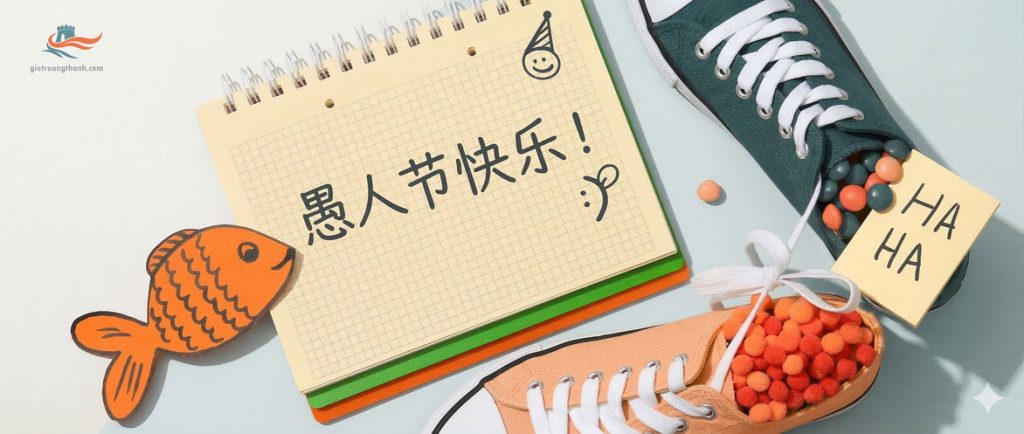 Sổ tay học tiếng Trung ghi chữ 愚人节快乐 kèm con cá giấy và trò đùa trêu chọc bạn bè.