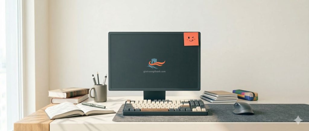 Góc làm việc tối giản ngày Cá Tháng Tư với mẩu giấy ghi chú vui nhộn trên màn hình máy tính.