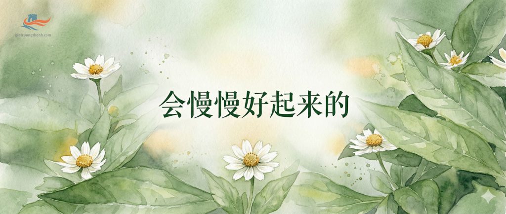 Câu chúc tiếng Trung Mọi thứ sẽ dần tốt lên trên nền hoa cúc trắng nhã nhặn.