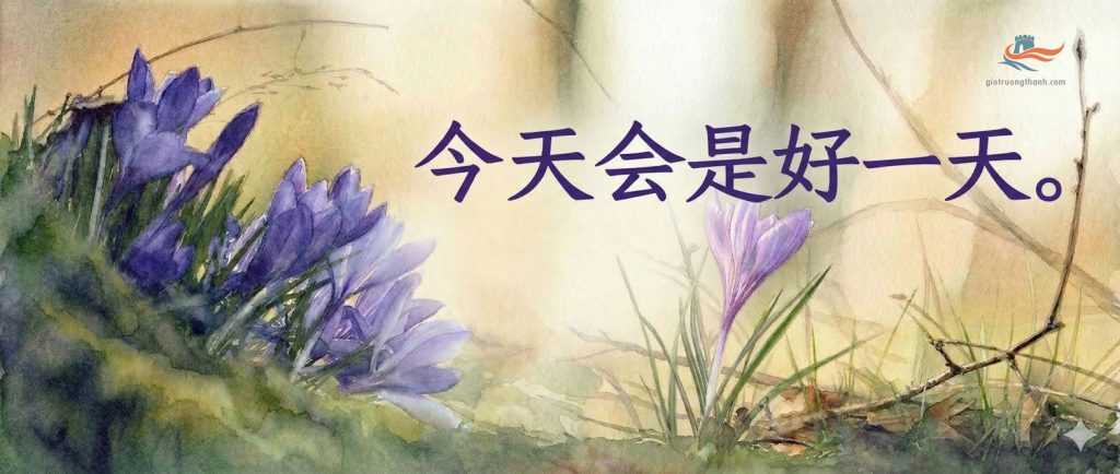 Lời chúc ngày mới tiếng Trung ý nghĩa hôm nay sẽ là một ngày tuyệt vời kèm hoa nghệ tây tím