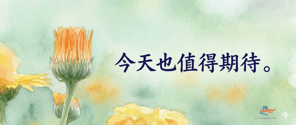 Hình vẽ hoa màu nước tông vàng cam ấm áp kèm câu tiếng Trung chữa lành: 今天也值得期待 - Hôm nay cũng rất đáng để mong chờ.