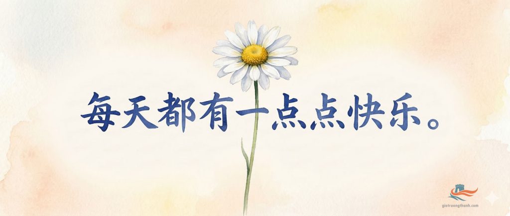 Hình vẽ một bông hoa cúc trắng tối giản kèm câu tiếng Trung chữa lành: 每天都有一点点快乐 - Mỗi ngày đều có một chút niềm vui.