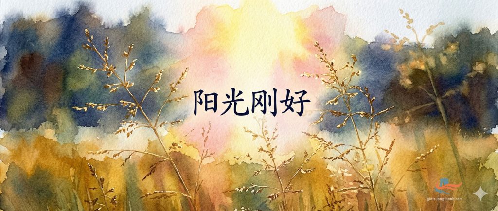 Chữ tiếng Trung Dương quang cương hảo trên nền đồng cỏ khô vàng nắng ấm