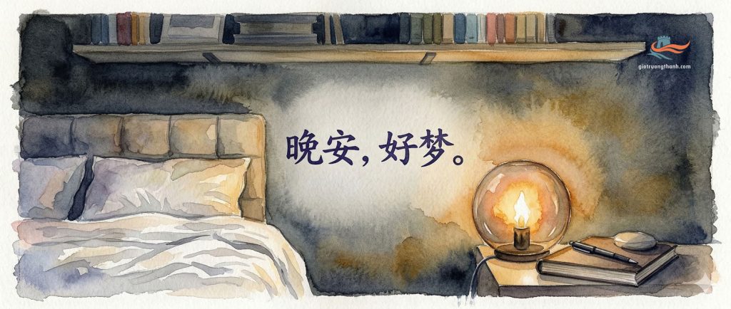 Chúc ngủ ngon và có những giấc mơ đẹp bằng tiếng Trung kèm hình ảnh phòng ngủ ấm áp.