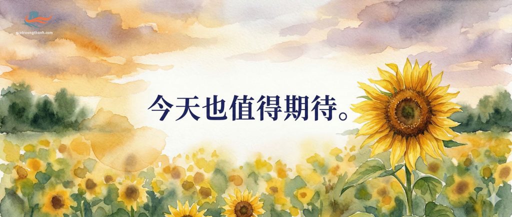Tranh vẽ hoa hướng dương kèm câu chúc tiếng Trung 今天也值得期待 rực rỡ.