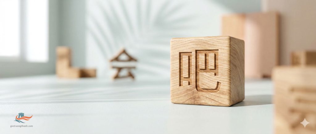 Chi tiết chữ Hán "吧" (ba) trên khối gỗ trang trí, minh họa cho cấu trúc câu phản xạ.