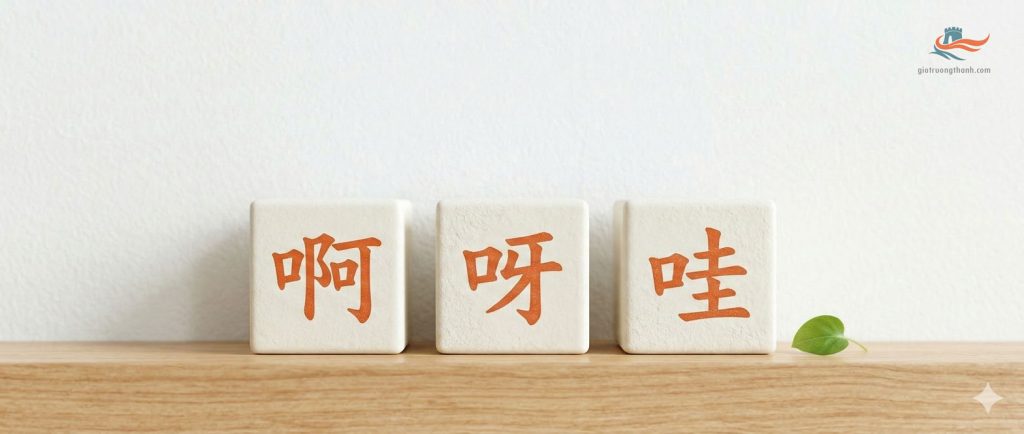 Ảnh chụp các khối gốm in chữ Hán 啊 (a), 呀 (ya), 哇 (wa) phong cách tối giản.
