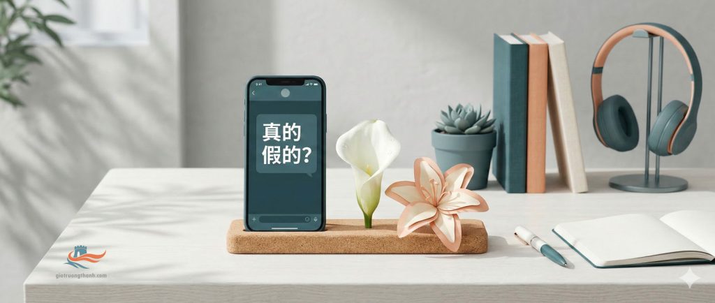  Ảnh chụp nghệ thuật khái niệm 真的假的 (thật hay đùa) với điện thoại và đạo cụ trang trí tối giản.