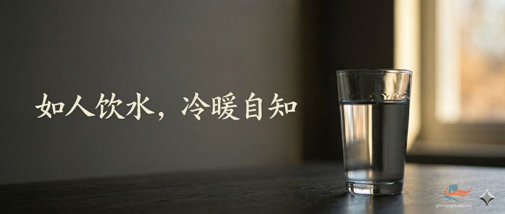 Ly nước thủy tinh đặt bên cửa sổ có ánh nắng kèm chữ Hán Như nhân ẩm thủy lãnh noãn tự tri.